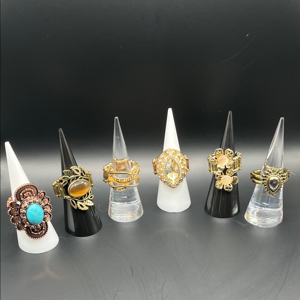 6 stretchy Gold-Tone Mixed Stone Women’s Rings - Turquoise & Amber Accents